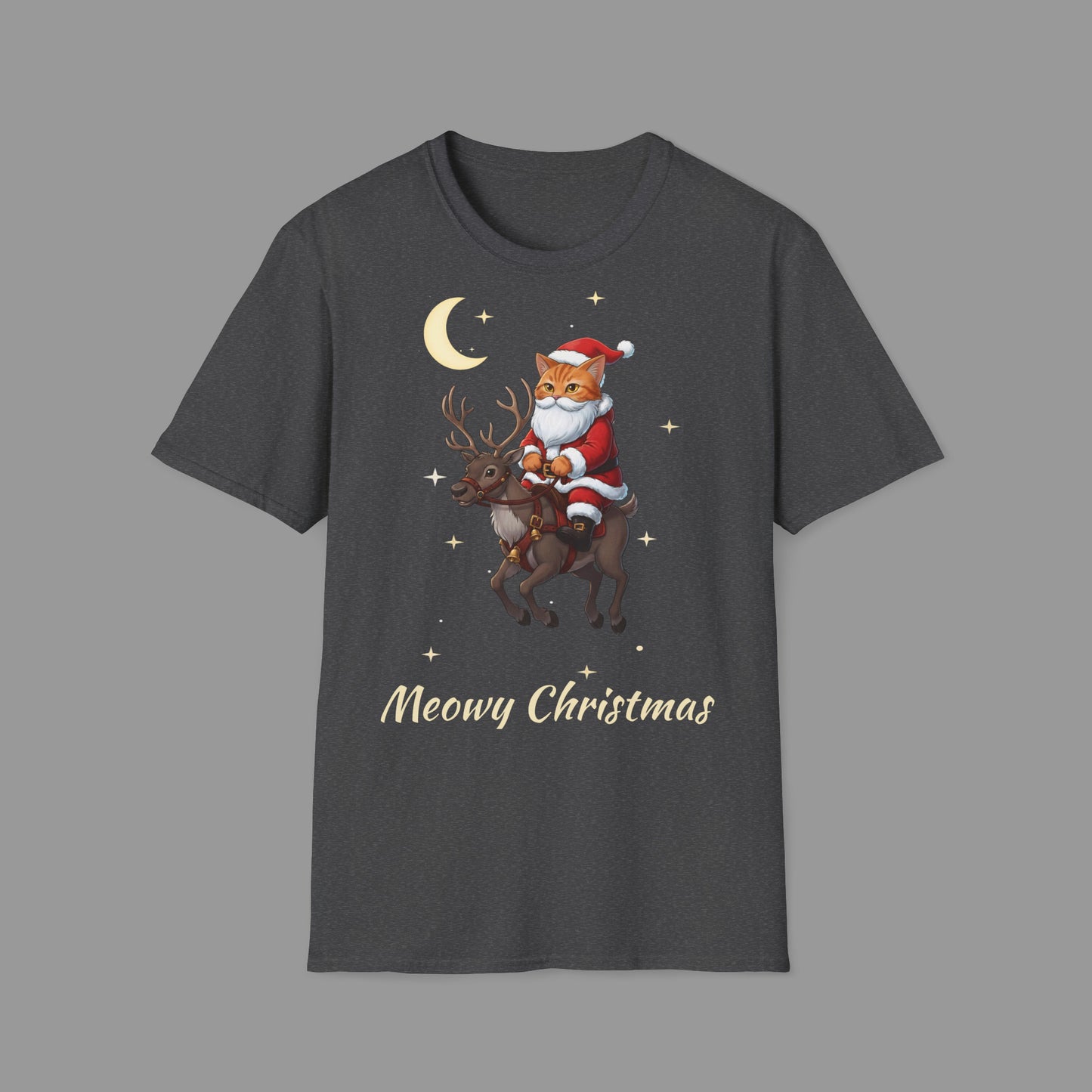 ZALOPA – Funny Christmas Cat T-Shirt with Santa Kitty and Reindeer | Meowy Christmas Holiday Graphic Tee for Cat Lovers.