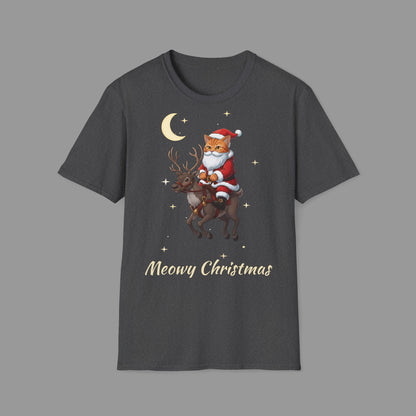 ZALOPA – Funny Christmas Cat T-Shirt with Santa Kitty and Reindeer | Meowy Christmas Holiday Graphic Tee for Cat Lovers.