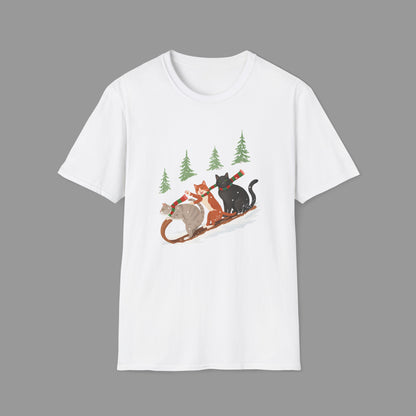 ZALOPA – Winter Cats Christmas T Shirt with Cozy Snowy Forest Scene Playful Sledding Cat Lover Graphic Tee for Holiday Season.