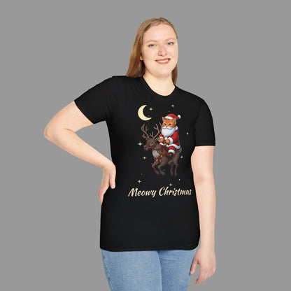 ZALOPA – Funny Christmas Cat T-Shirt with Santa Kitty and Reindeer | Meowy Christmas Holiday Graphic Tee for Cat Lovers.