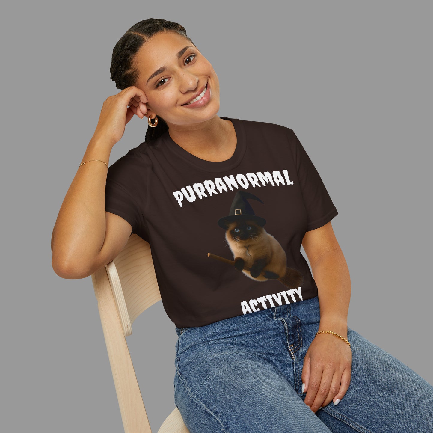 ZALOPA - Halloween Witch Cat T Shirt with Moon Necklace and Broomstick Magical Graphic Tee for Cat Lovers.