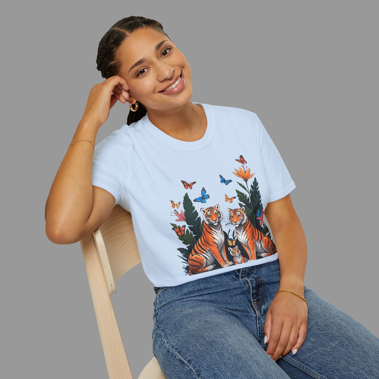ZALOPA - Cute Tiger Family T Shirt with Butterflies and Jungle Flowers Organic Cotton Unisex Shirt.