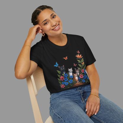 ZALOPA - Cute Cats T Shirt with Colorful Flowers and Butterflies Nature Inspired Graphic Tee for Cat Lovers.