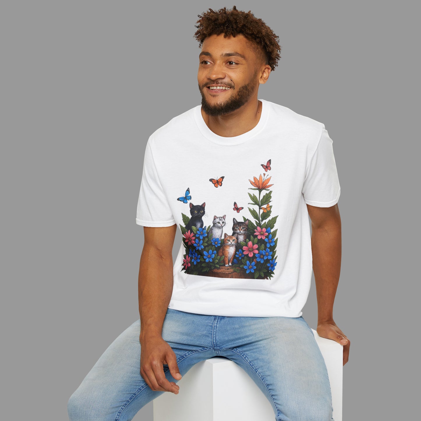 ZALOPA - Cute Cats T Shirt with Colorful Flowers and Butterflies Nature Inspired Graphic Tee for Cat Lovers.