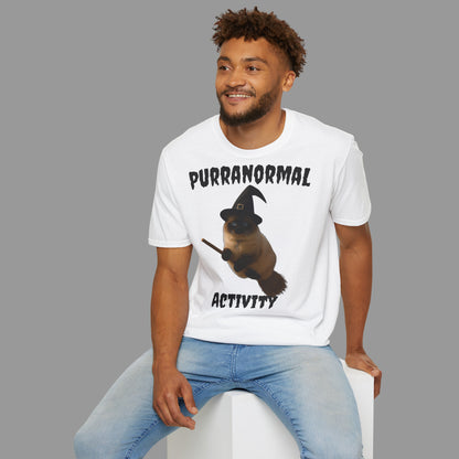 ZALOPA - Halloween Witch Cat T Shirt with Moon Necklace and Broomstick Magical Graphic Tee for Cat Lovers.