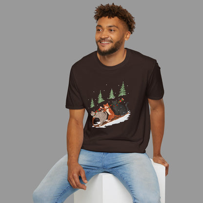 ZALOPA – Winter Cats Christmas T Shirt with Cozy Snowy Forest Scene Playful Sledding Cat Lover Graphic Tee for Holiday Season.