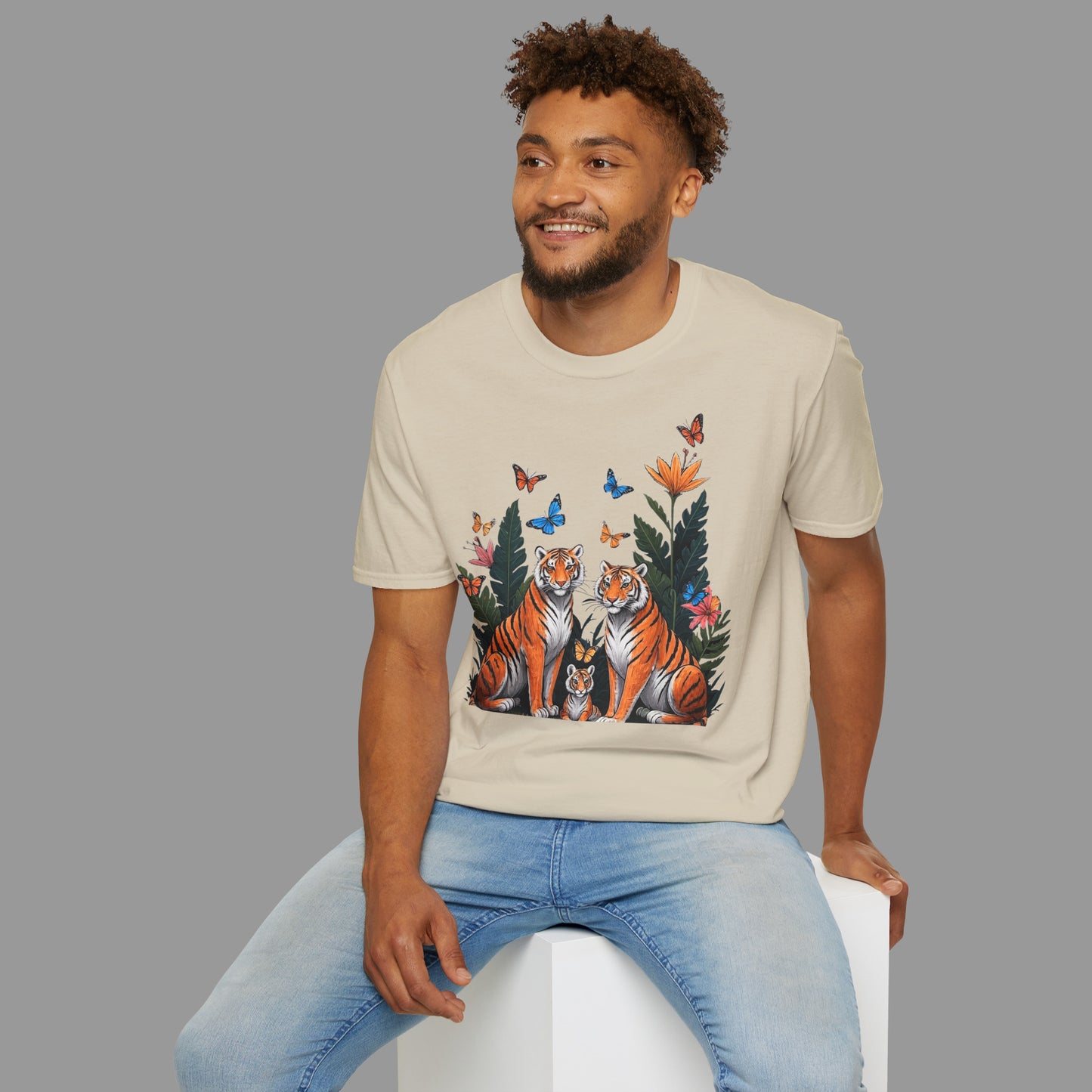ZALOPA - Cute Tiger Family T Shirt with Butterflies and Jungle Flowers Organic Cotton Unisex Shirt.