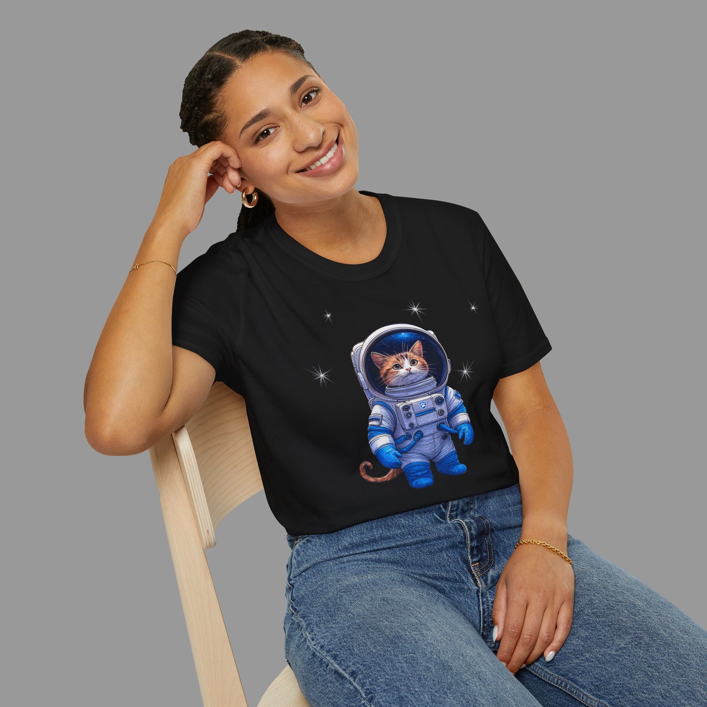 ZALOPA - Cute Cat Astronaut T Shirt with Stars and Galaxy Space Inspired Graphic Tee for Cat Lovers.