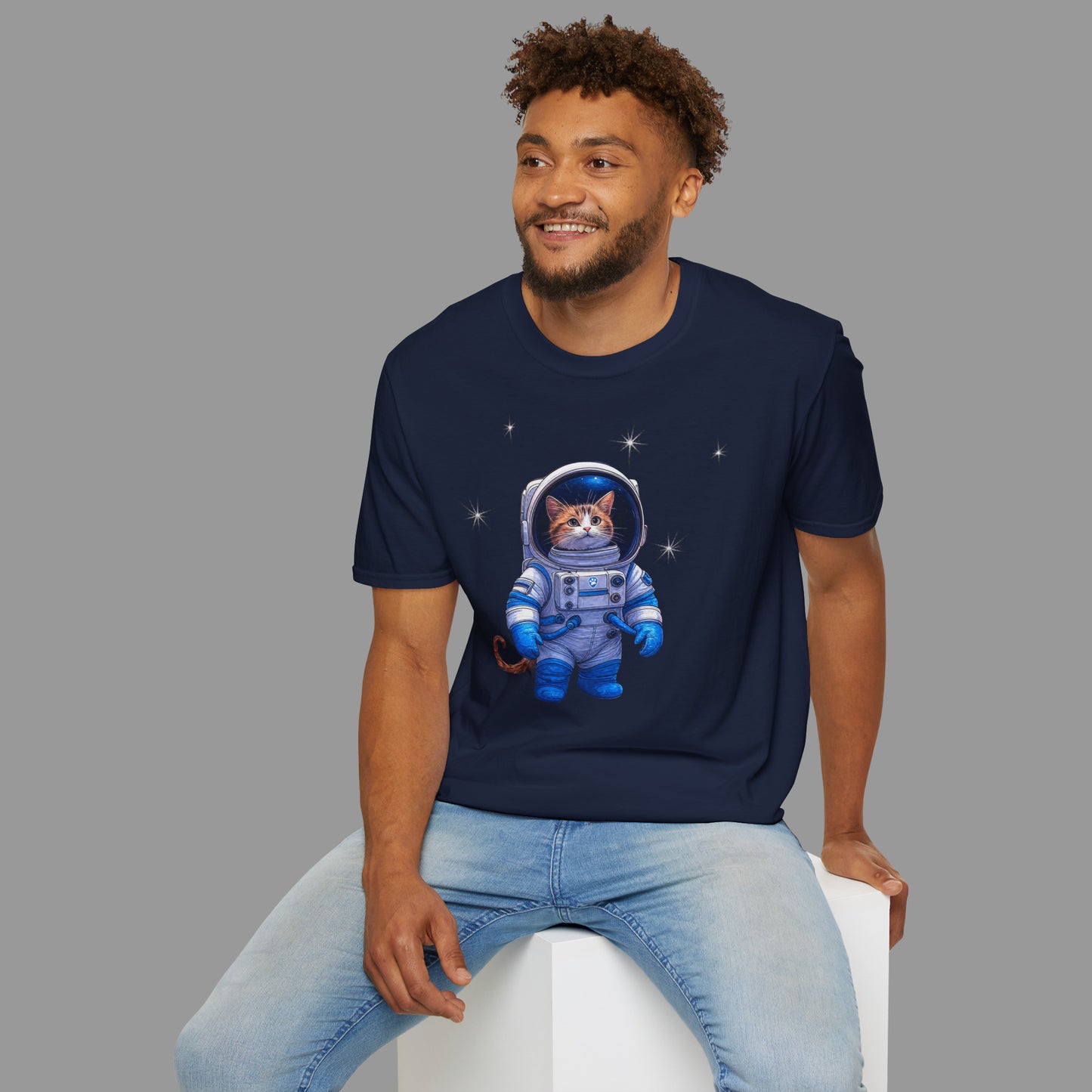 ZALOPA - Cute Cat Astronaut T Shirt with Stars and Galaxy Space Inspired Graphic Tee for Cat Lovers.