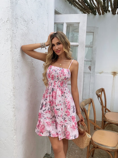 Floral Print Shirred Spaghetti Strap Sundress