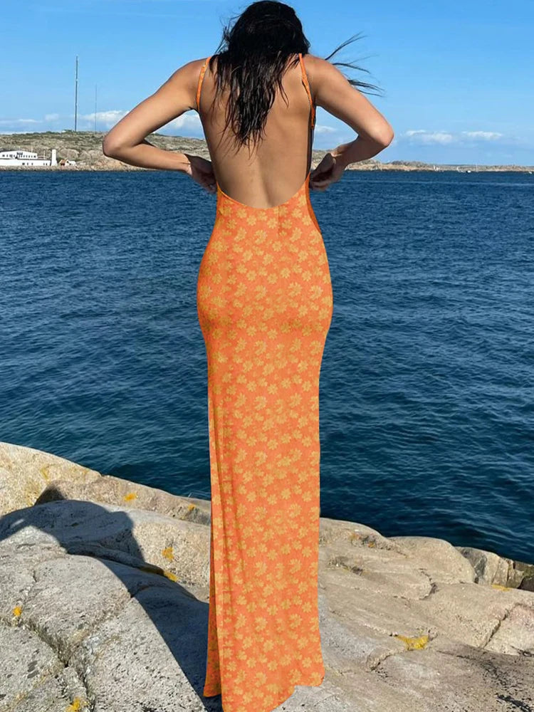 Floral Print Backless Cami Maxi Dress