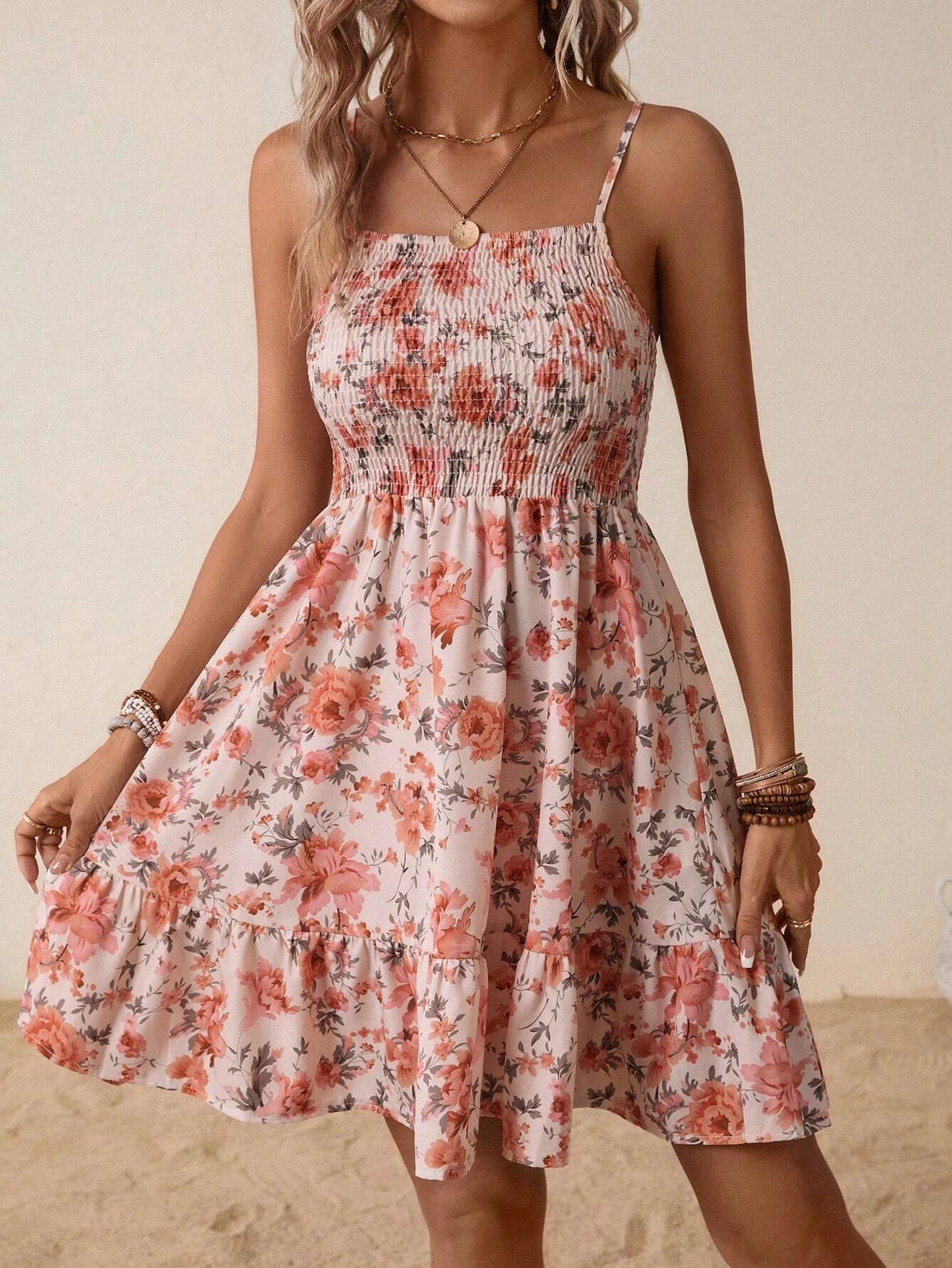 Floral Print Shirred Spaghetti Strap Sundress