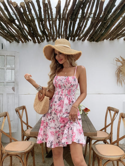 Floral Print Shirred Spaghetti Strap Sundress