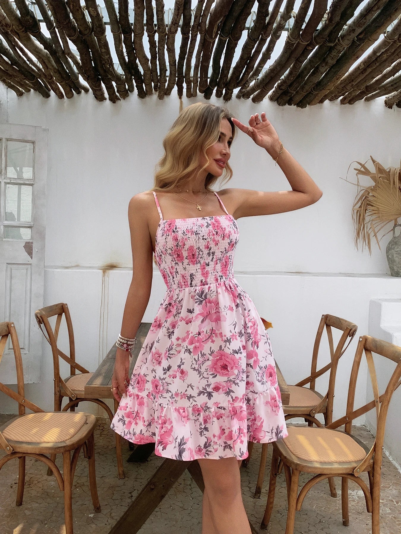 Floral Print Shirred Spaghetti Strap Sundress