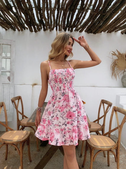 Floral Print Shirred Spaghetti Strap Sundress