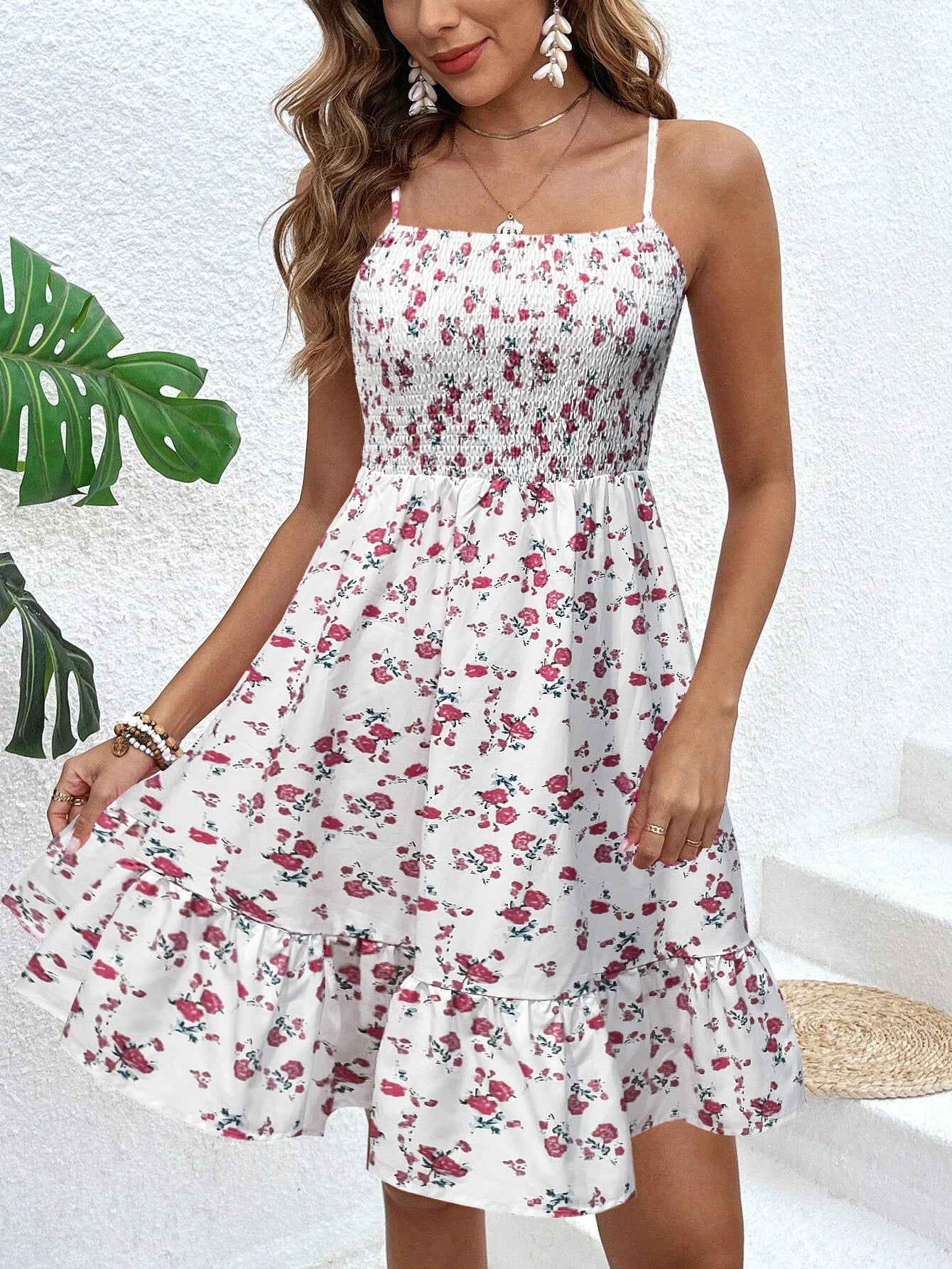 Floral Print Shirred Spaghetti Strap Sundress