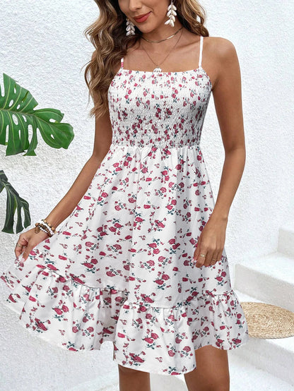 Floral Print Shirred Spaghetti Strap Sundress