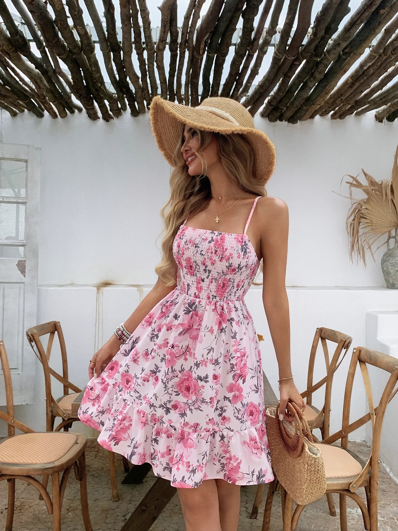 Floral Print Shirred Spaghetti Strap Sundress