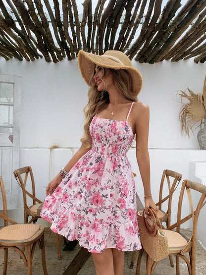 Floral Print Shirred Spaghetti Strap Sundress