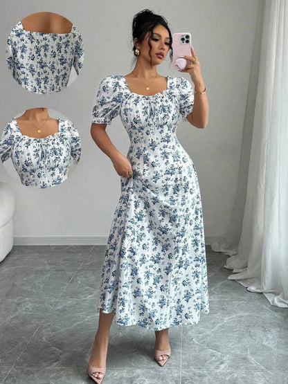 Puff Sleeve Square Neck Floral Maxi Dress