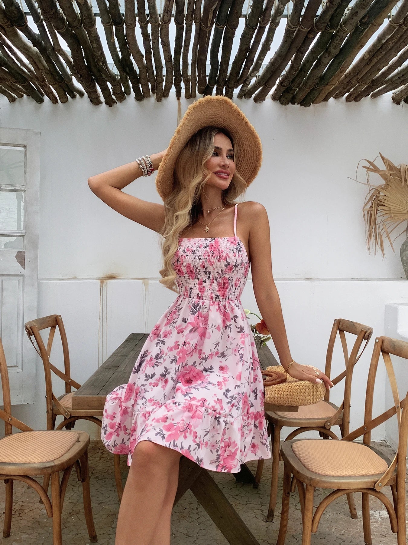 Floral Print Shirred Spaghetti Strap Sundress