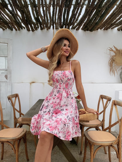 Floral Print Shirred Spaghetti Strap Sundress
