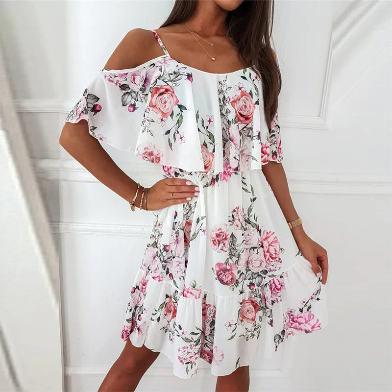 Off-Shoulder Floral Chiffon Mini Dress