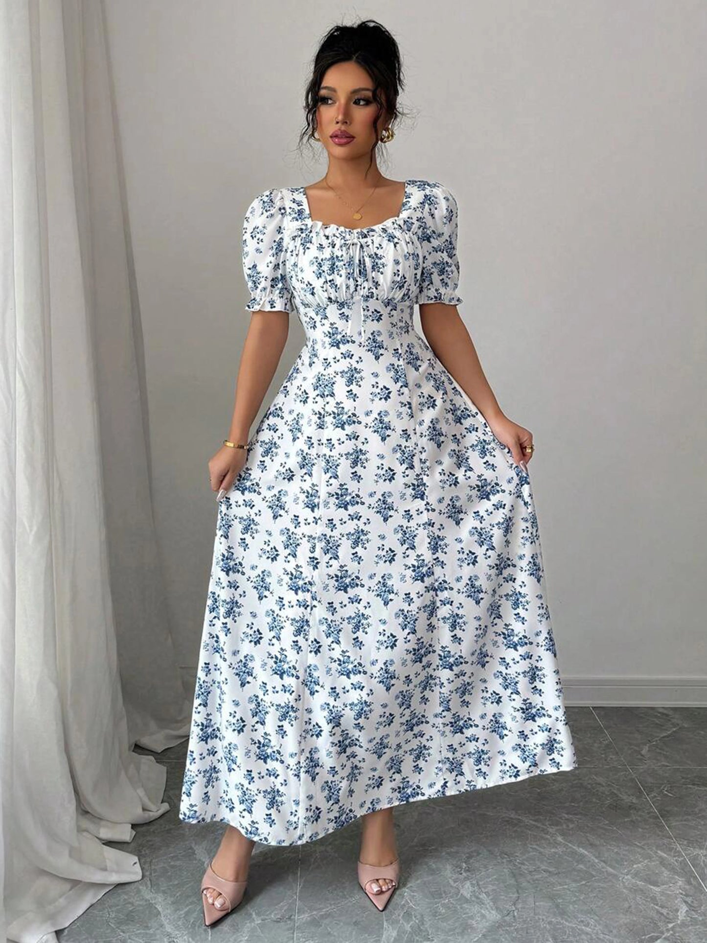 Puff Sleeve Square Neck Floral Maxi Dress
