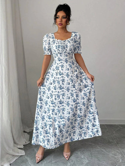 Puff Sleeve Square Neck Floral Maxi Dress