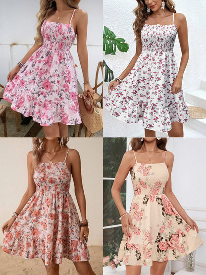 Floral Print Shirred Spaghetti Strap Sundress