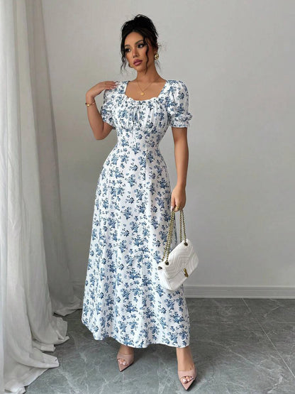 Puff Sleeve Square Neck Floral Maxi Dress