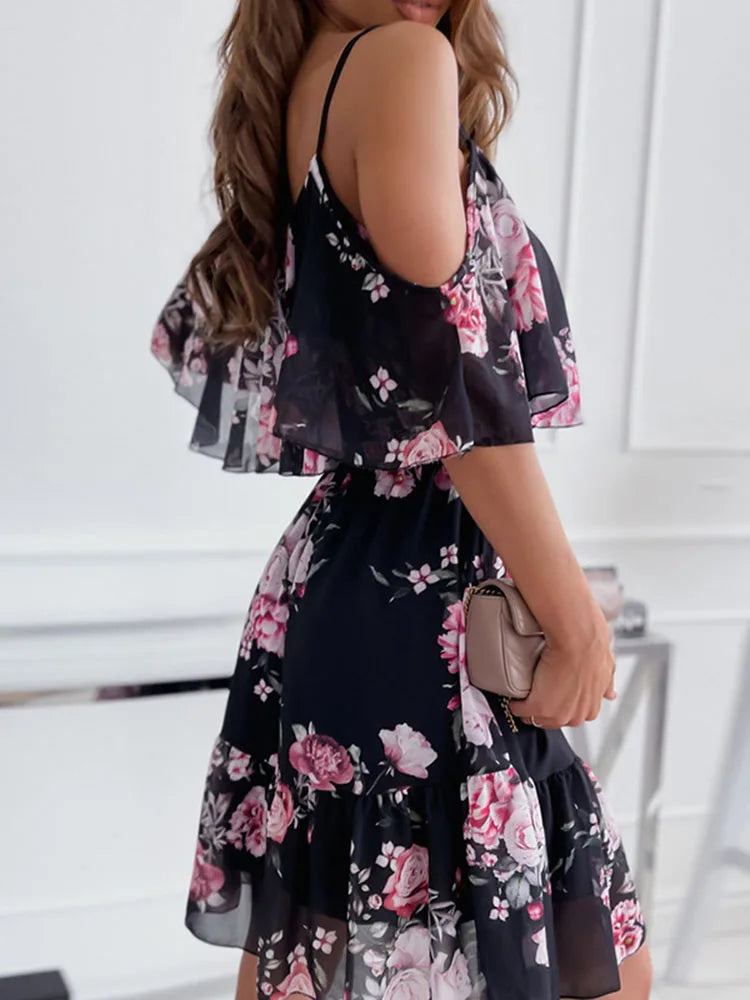 Off-Shoulder Floral Chiffon Mini Dress