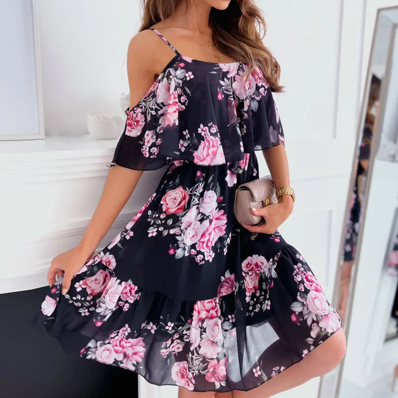 Off-Shoulder Floral Chiffon Mini Dress