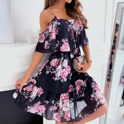 Off-Shoulder Floral Chiffon Mini Dress