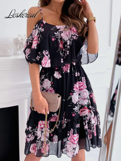 Off-Shoulder Floral Chiffon Mini Dress
