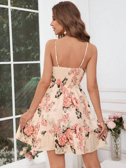 Floral Print Shirred Spaghetti Strap Sundress