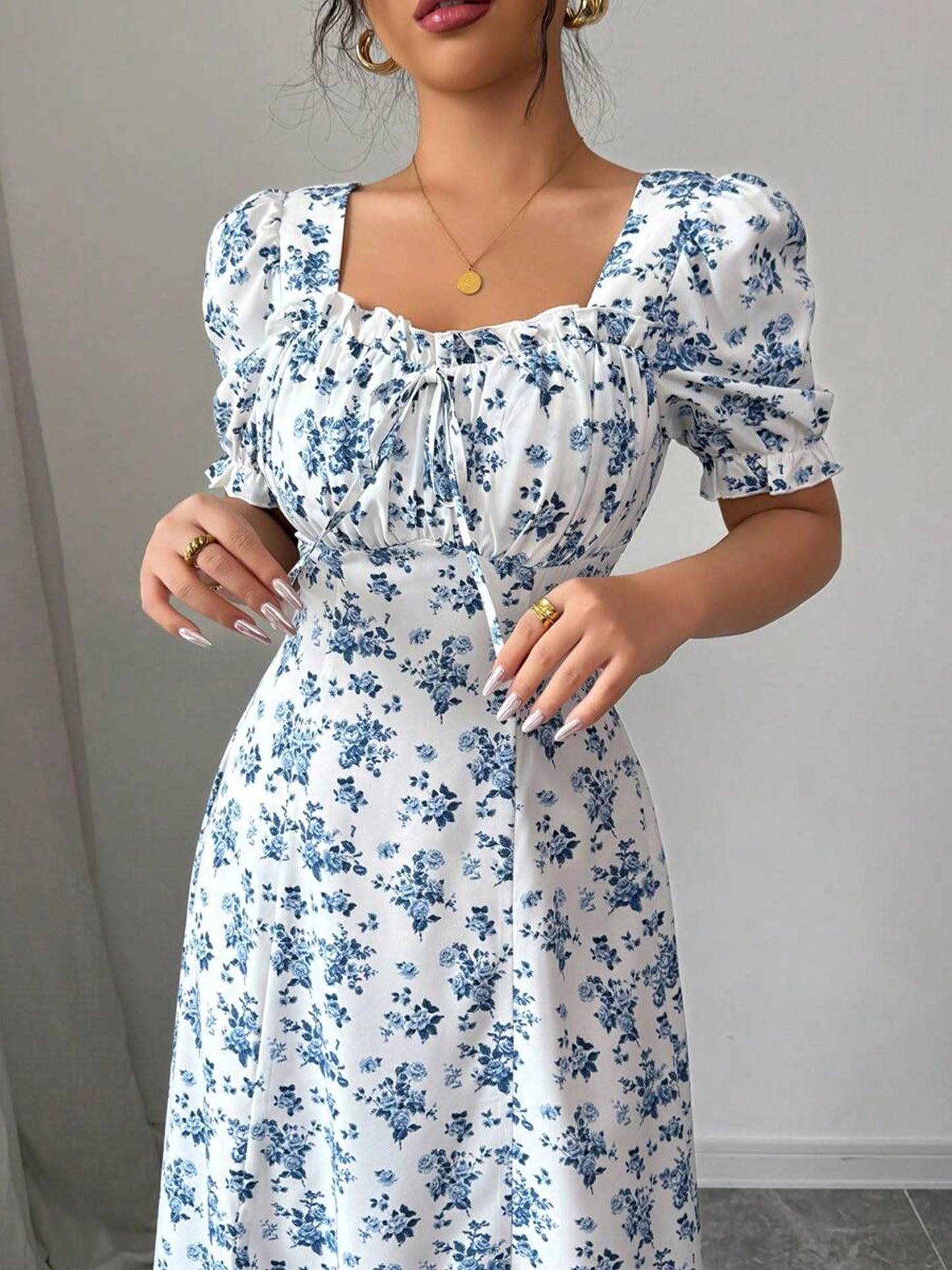 Puff Sleeve Square Neck Floral Maxi Dress