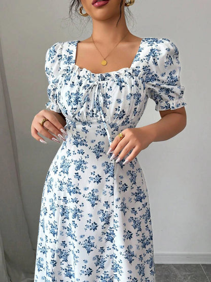 Puff Sleeve Square Neck Floral Maxi Dress