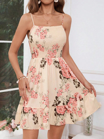 Floral Print Shirred Spaghetti Strap Sundress
