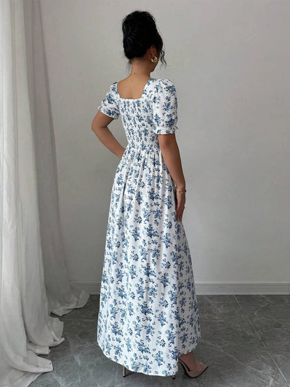 Puff Sleeve Square Neck Floral Maxi Dress