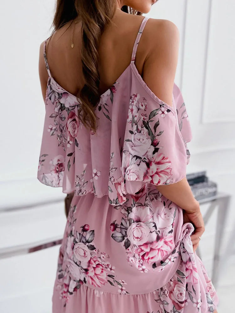 Off-Shoulder Floral Chiffon Mini Dress